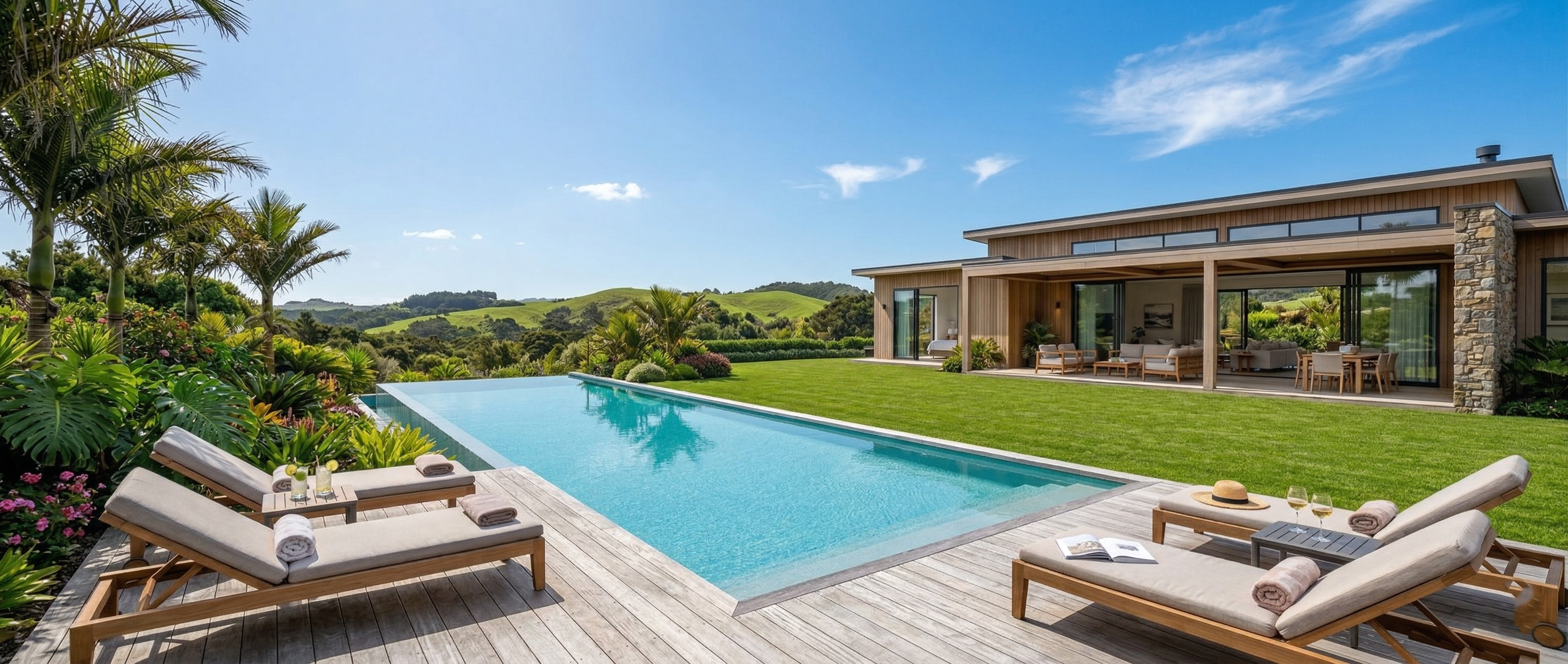 [Imagem de Piscina luxuosa com jardim e casa moderna]